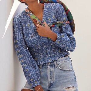 Anthropologie Forever That Girl size Large Blue Embroidered Smocked Blouse